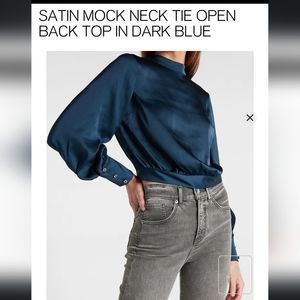 NWT Express Satin Mock Neck Tie Open Back Top Sz XS Dark Blue